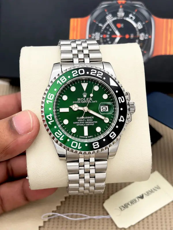 Rolex-Branded Green and Black GMT-Style Watch