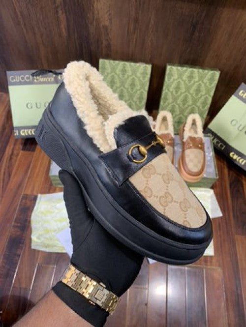 Gucci GG Monogram Fur-Lined Platform Loafers