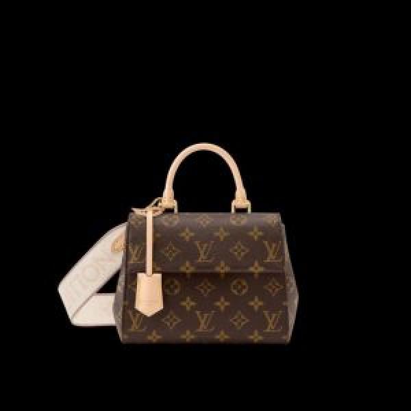 Louis Vuitton-branded brown monogram top-handle handbag with pale strap