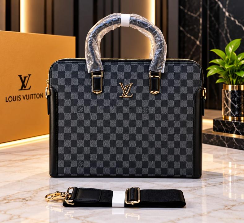 Graphite checkerboard LV branded top-handle briefcase with black strap