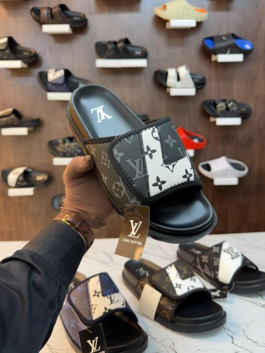 Grey and black monogram patch slide sandal
